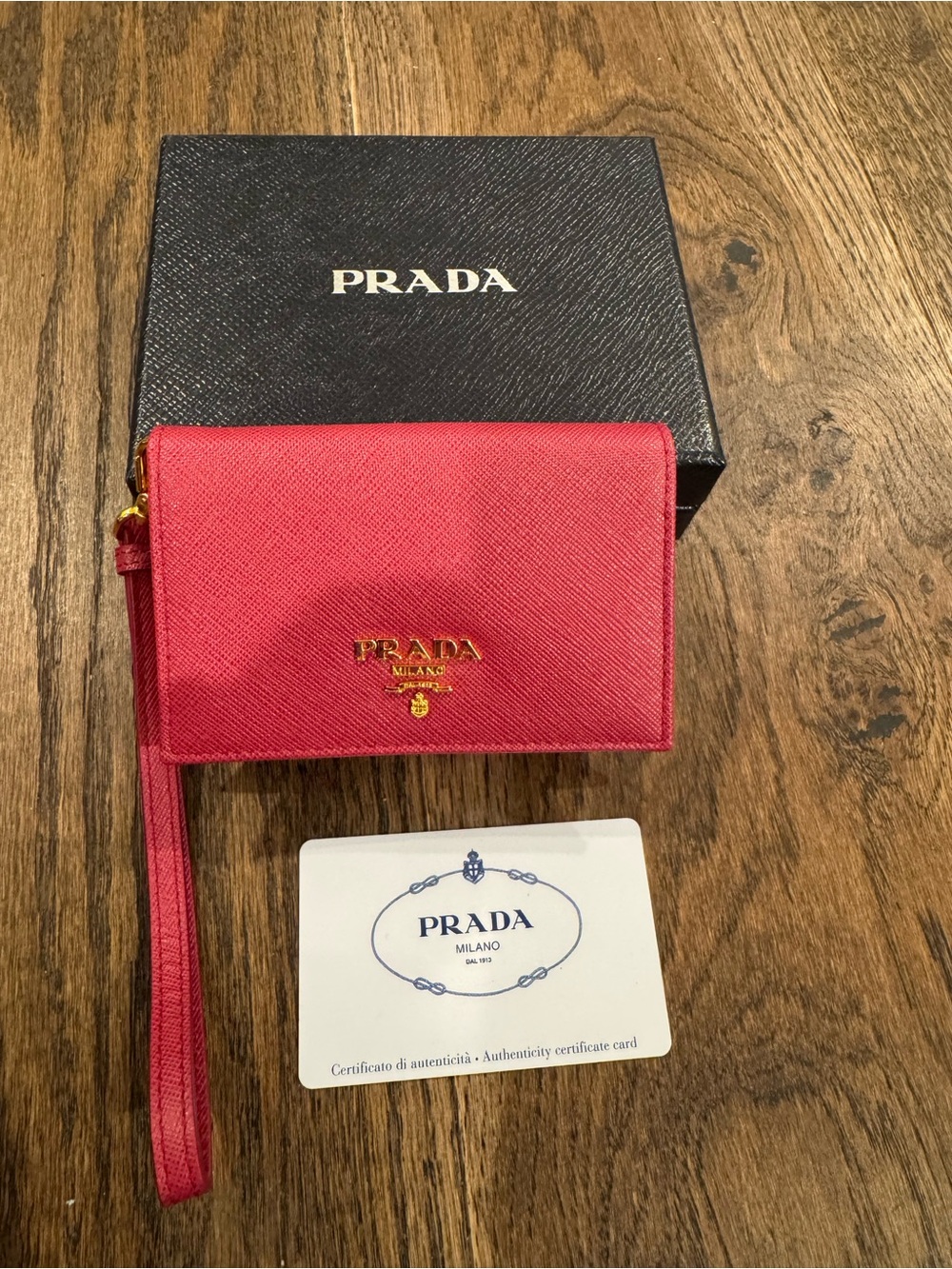 Prada Authentic Pink Saffiano Leather Wristlet Wallet with Gold Logo NEW